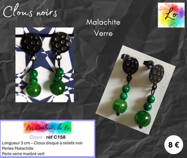 Boucles clous noirs à reliefs Malachite verre marbré vert Les Couleurs de Lo