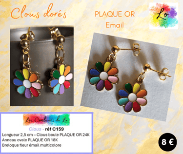 Boucles clous Plaqué or fleur émail multicolore Les Couleurs de Lo
