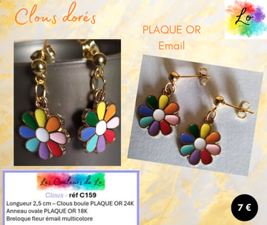 Boucles clous Plaqué or fleur émail multicolore Les Couleurs de Lo