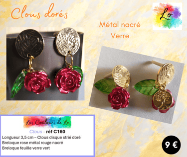 Boucles clous dorés rose métal rouge nacré feuille verre Les Couleurs de Lo