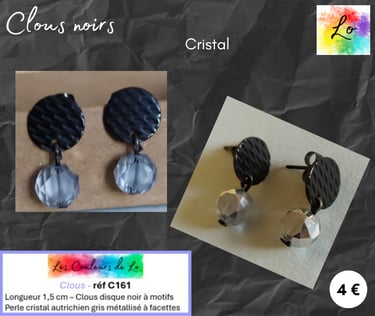Boucles clous noirs à motifs cristal autrichien gris métallisé Les Couleurs de Lo