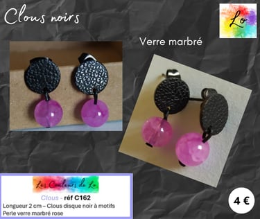 Boucles clous noirs à motifs verre marbré rose Les Couleurs de Lo