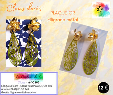 Boucles clous fleur Plaqué or filigrane vert clair Les Couleurs de Lo