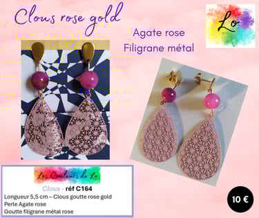 Boucles clous rose gold Agate rose filigrane rose Les Couleurs de Lo