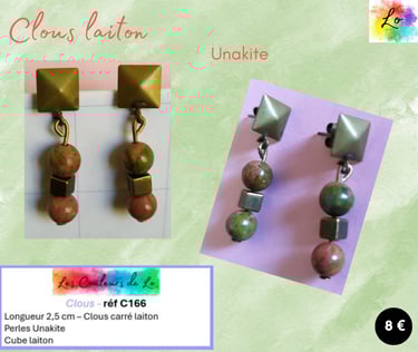 Boucles clous laiton Unakite cube laiton Les Couleurs de Lo