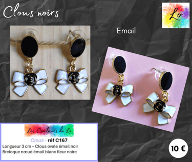 Boucles clous ovale émail noir nœud émail blanc Les Couleurs de Lo