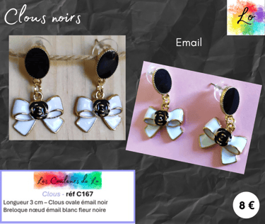 Boucles clous ovale émail noir nœud émail blanc Les Couleurs de Lo