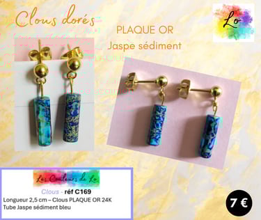 Boucles clous Plaqué or Jaspe sédiment bleu Les Couleurs de Lo