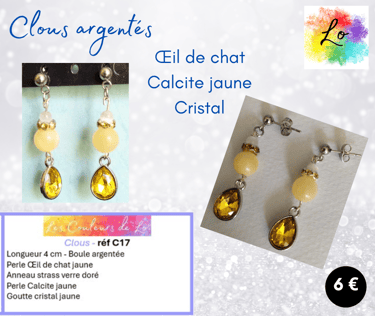 Boucles clous argentés Œil de chat strass Calcite jaune cristal jaune Les Couleurs de Lo