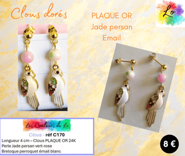 Boucles clous Plaqué or Jade persan perroquet émail blanc Les Couleurs de Lo