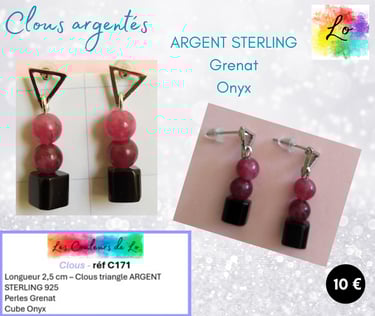 Boucles clous Argent sterling Grenat Onyx Les Couleurs de Lo