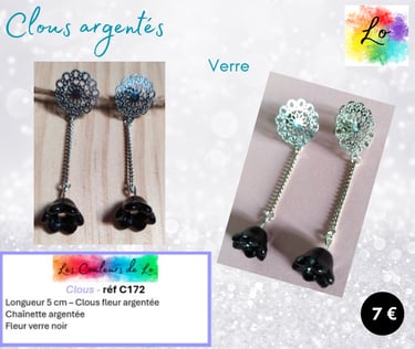 Boucles clous fleur argentée chaînette fleur verre noir Les Couleurs de Lo