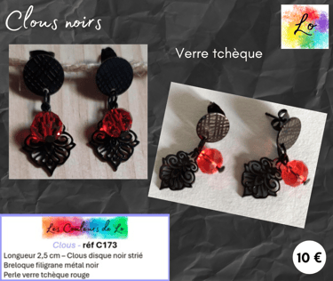 Boucles clous noir filigrane métal noir verre tchèque rouge Les Couleurs de Lo