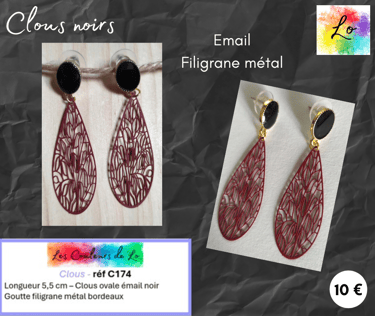 Boucles clous émail noir goutte filigrane métal bordeaux Les Couleurs de Lo