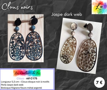 Boucles clous noir Jaspe dark web filigrane métal argenté Les Couleurs de Lo