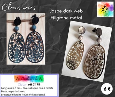 Boucles clous noir Jaspe dark web filigrane métal argenté Les Couleurs de Lo