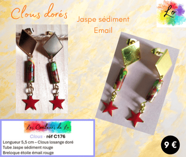 Boucles clous losange doré Jaspe sédiment étoile émail rouge Les Couleurs de Lo