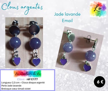 Boucles clous argentés Jade lavande cœur émail violet Les Couleurs de Lo