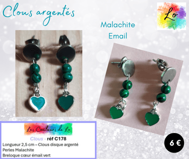 Boucles clous argentés Malachite cœur émail vert Les Couleurs de Lo