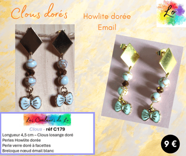 Boucles clous losange doré Howlite dorée verre doré nœud émail blanc Les Couleurs de Lo