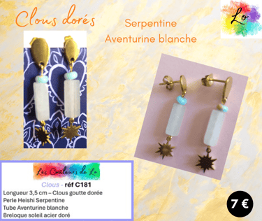 Boucles clous goutte dorée Serpentine Aventurine blanche soleil acier doré Les Couleurs de Lo