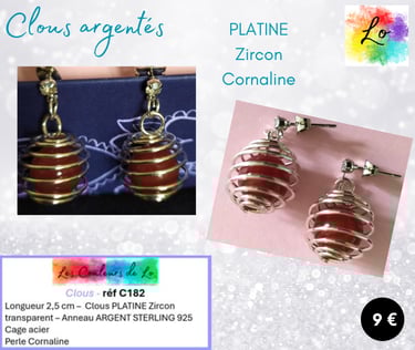 Boucles clous Platine Zircon cage acier Cornaline Les Couleurs de Lo