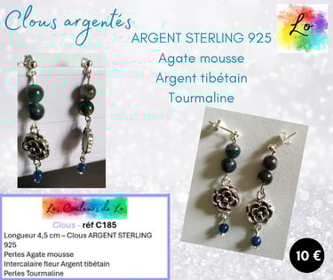 Boucles clous Argent sterling Agate mousse fleur Argent tibétain Tourmaline Les Couleurs de Lo