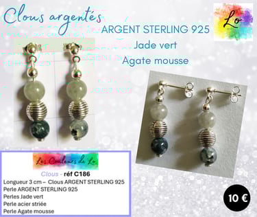 Boucles clous Argent sterling Jade vert perle argentée striée Agate mousse Les Couleurs de Lo