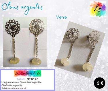 Boucles clous fleur argentée verre blanc nacré Les Couleurs de Lo