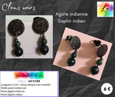 Boucles clous noirs Agate indienne Saphir indien Les Couleurs de Lo