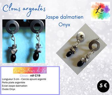 Boucles clous argentés Jaspe dalmatien Onyx Les Couleurs de Lo