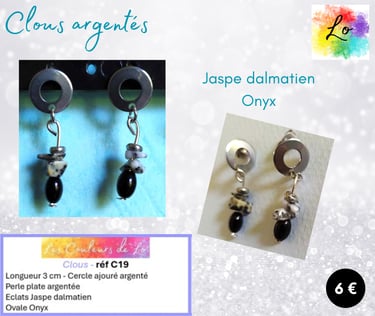 Boucles clous argentés Jaspe dalmatien Onyx Les Couleurs de Lo