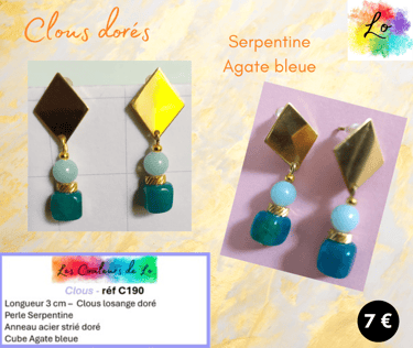 Boucles clous losange doré Serpentine Agate bleue Les Couleurs de Lo