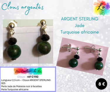 Boucles clous Argent sterling Jade de Malaisie Turquoise africaine Les Couleurs de Lo