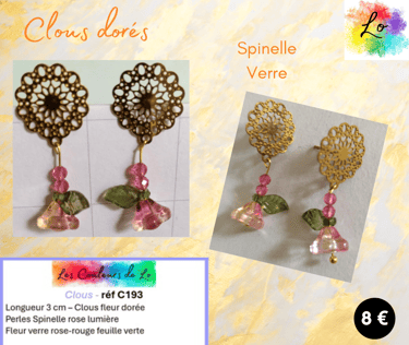 Boucles clous fleur dorée Spinelle rose fleur verre Les Couleurs de Lo