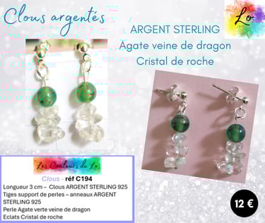 Boucles clous Argent sterling Agate verte veine de dragon Cristal de roche Les Couleurs de Lo