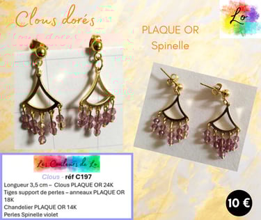 Boucles clous Plaqué or chandelier Plaqué or Spinelle violet Les Couleurs de Lo