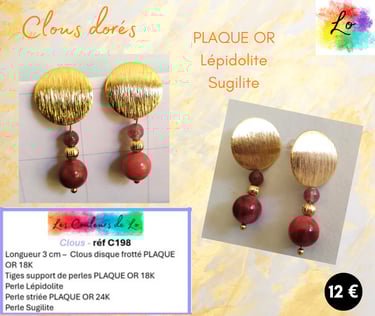 Boucles clous disque Plaqué or Lépidolite Sugilite Les Couleurs de Lo