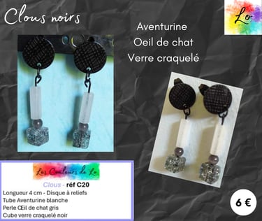 Boucles clous noirs Aventurine Œil de chat verre Les Couleurs de Lo