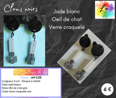 Boucles clous noirs Jade blanc Œil de chat verre craquelé noir Les Couleurs de Lo