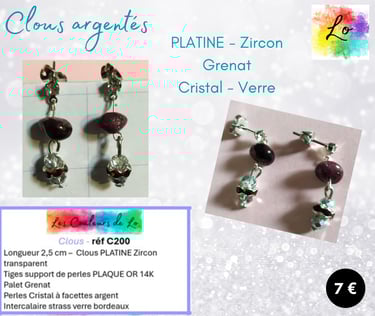 Boucles clous Platine Zircon Grenat verre argenté strass bordeaux Les Couleurs de Lo