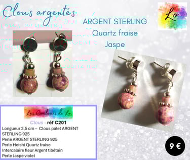 Boucles clous Argent sterling Quartz fraise fleur Argent tibétain Jaspe violet Les Couleurs de Lo