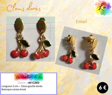 Boucles clous goutte dorée cerise émail Les Couleurs de Lo