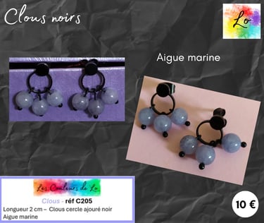 Boucles clous cercle noir ajouré Aigue marine Les Couleurs de Lo