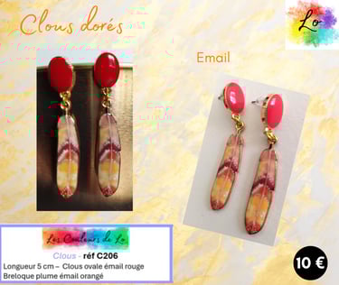 Boucles clous ovale émail rouge plume émail orangé Les Couleurs de Lo