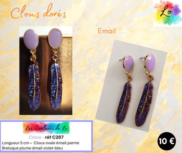 Boucles clous ovale émail parme plume émail violet-bleu Les Couleurs de Lo