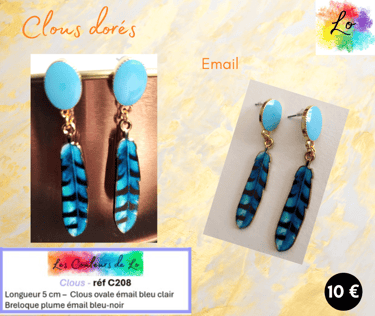Boucles clous ovale émail bleu clair plume émail bleu Les Couleurs de Lo