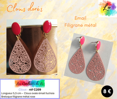 Boucles clous ovale émail fuchsia filigrane métal rose Les Couleurs de Lo