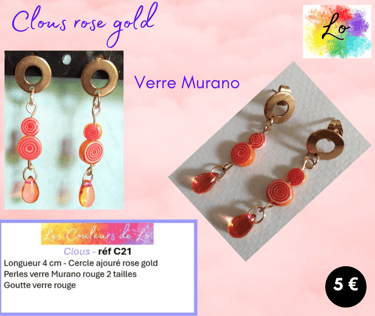 Boucles clous rose gold verre Murano rouge verre rouge Les Couleurs de Lo