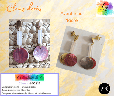 Boucles clous goutte dorée Aventurine blanche Nacre teintée Les Couleurs de Lo